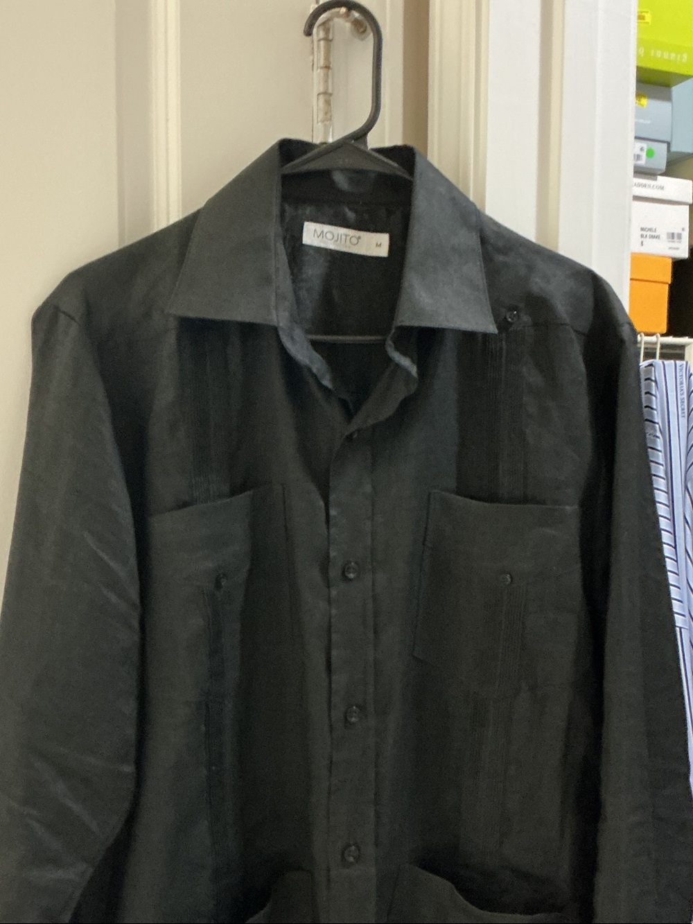 100% Linen Black Men's Long Sleeve Guayabera Button-up